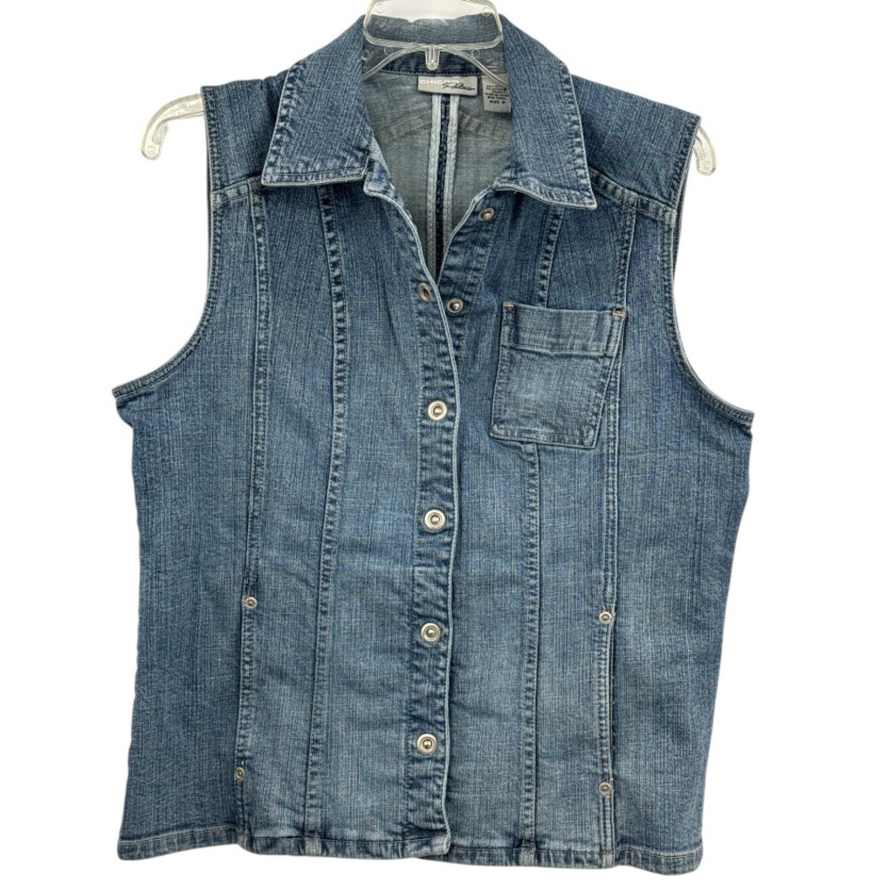 Chico's Platinum Denim Cotton Lycra Snap Front Jean Vest Chico Size 2